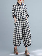 Plaid Splicing Shirt Wide Leg Pants Two-Piece Set